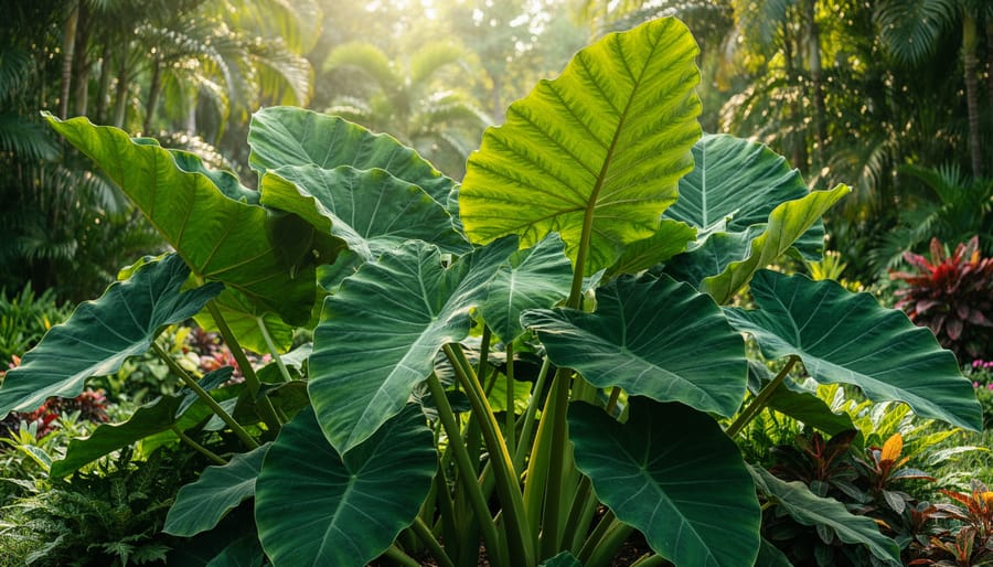 Elephant ear plant (Colocasia/Alocasia) with large glossy leaves in a garden setting.