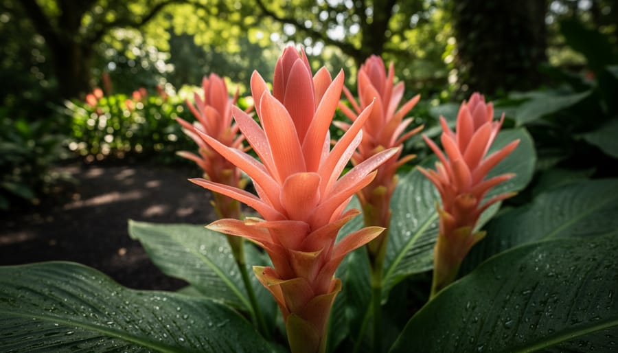 Ginger lily (Hedychium) with pale blooms and lush green foliage in a garden.