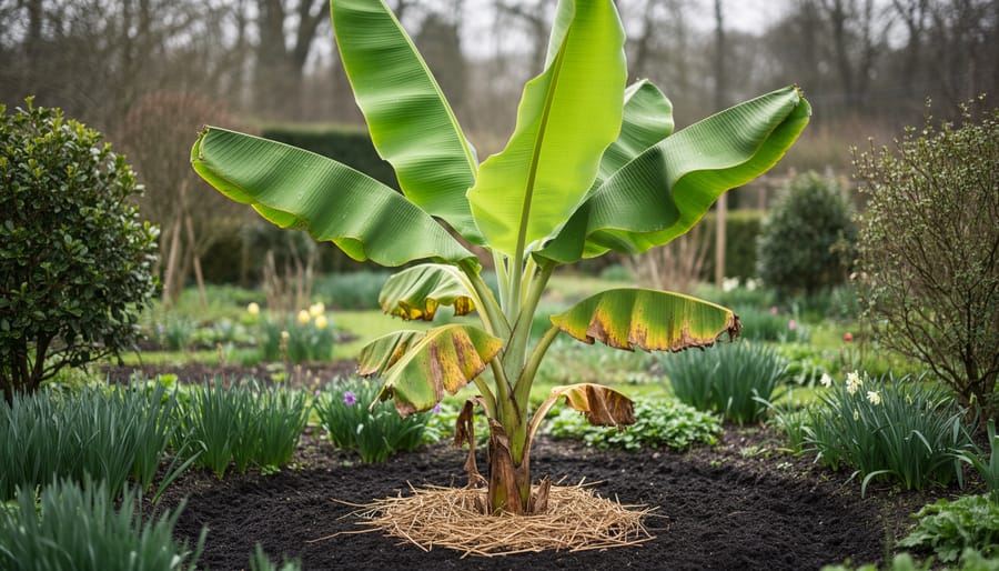 Hardy banana plant (Musa basjoo) with large green leaves in a mulched garden bed.