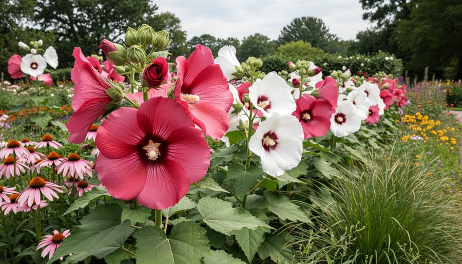 Hardy hibiscus (Hibiscus moscheutos) with large pink dinner-plate flowers in a garden bed.