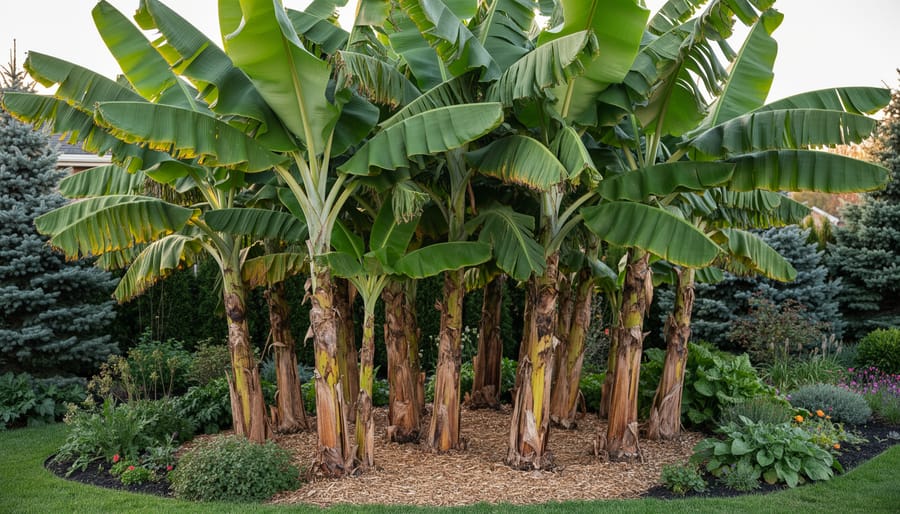 Japanese fiber banana (Musa basjoo) plants grouped together creating a tropical grove effect.