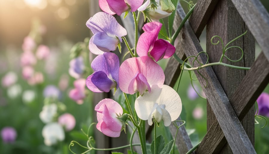 Sweet peas blooming on a rustic trellis in a cottage garden