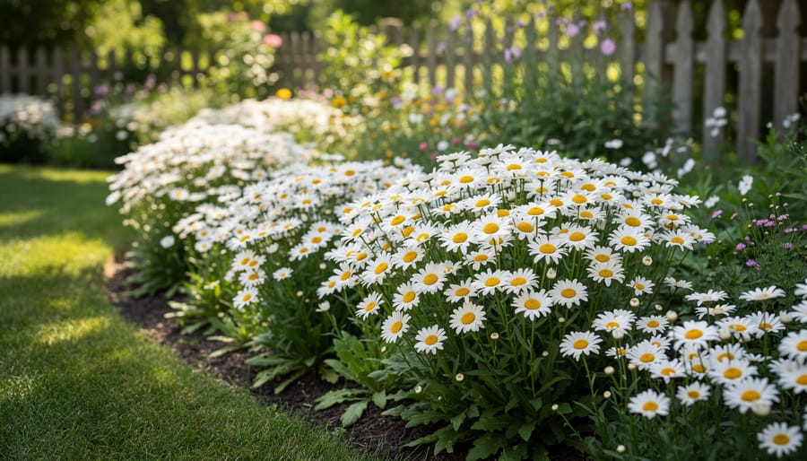 Shasta daisy flowers blooming in a cottage garden border