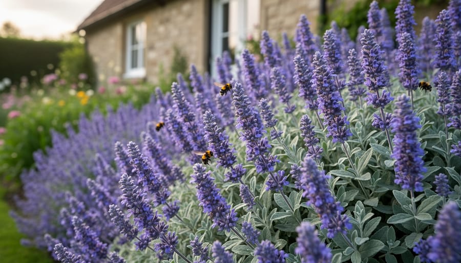Lavender-blue catmint flowers forming a billowy edging in a cottage garden