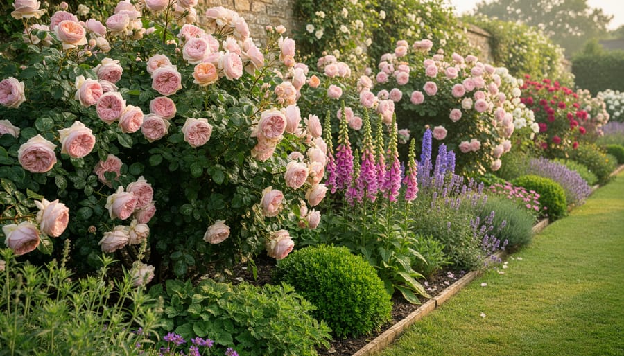 Old-fashioned cottage garden roses blooming with layered companion flowers