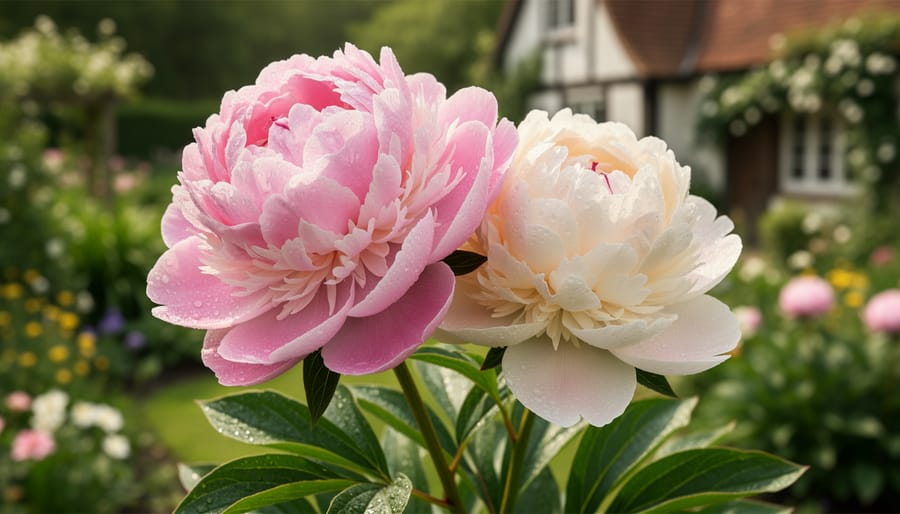 Close-up of a blooming peony flower in a cottage garden