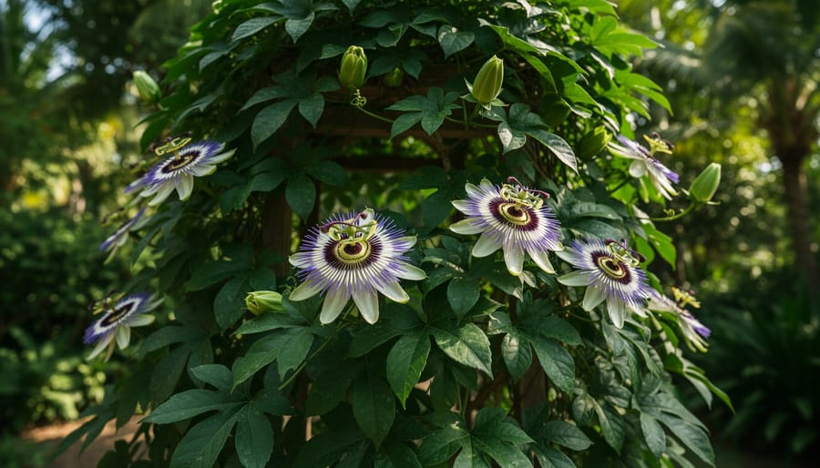 Passiflora passion vine with exotic passionflower blooms on a wooden trellis.