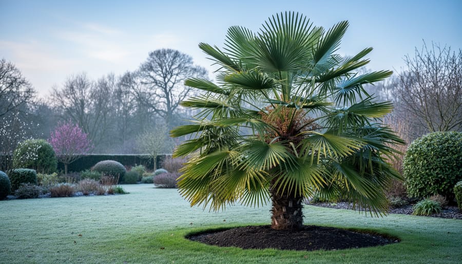 Windmill palm (Trachycarpus fortunei) with fan-shaped fronds in a temperate garden.