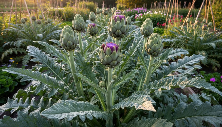 Artichoke plant with silvery leaves and thistle bud in a cottage garden