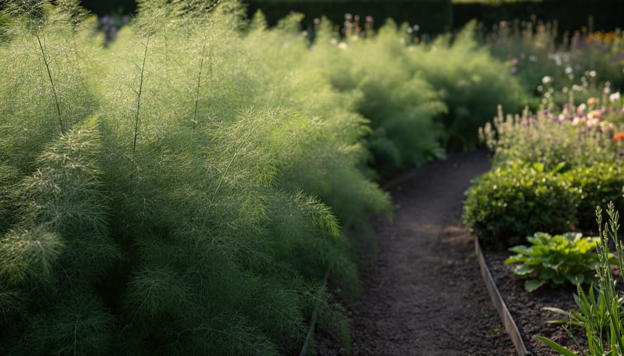 Asparagus with feathery fern-like foliage in a cottage garden bed