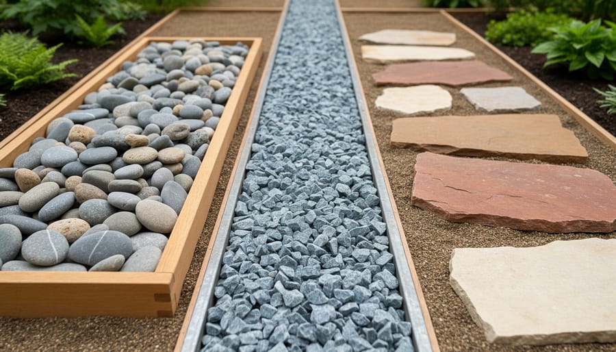 Assorted gardening stones including river rock, pea gravel, crushed granite, and flat flagstones in a tray