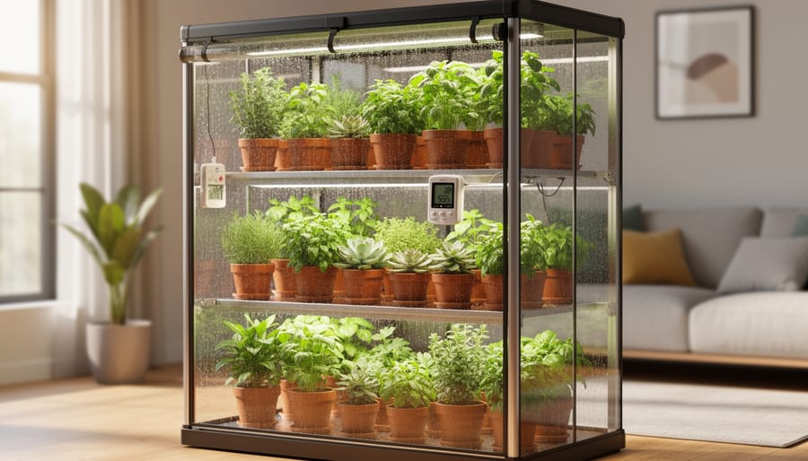 Compact greenhouse shelving unit with covered shelves and thriving plants