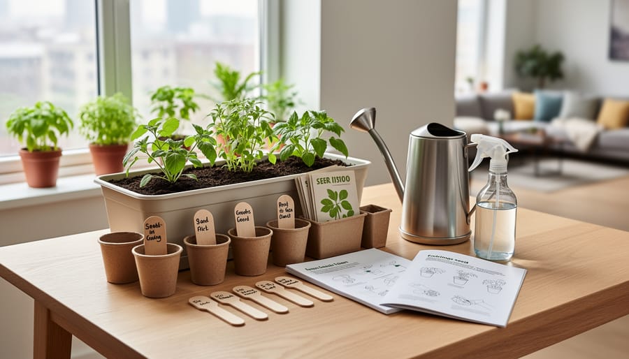 Indoor gardening starter kit components arranged on a kitchen countertop