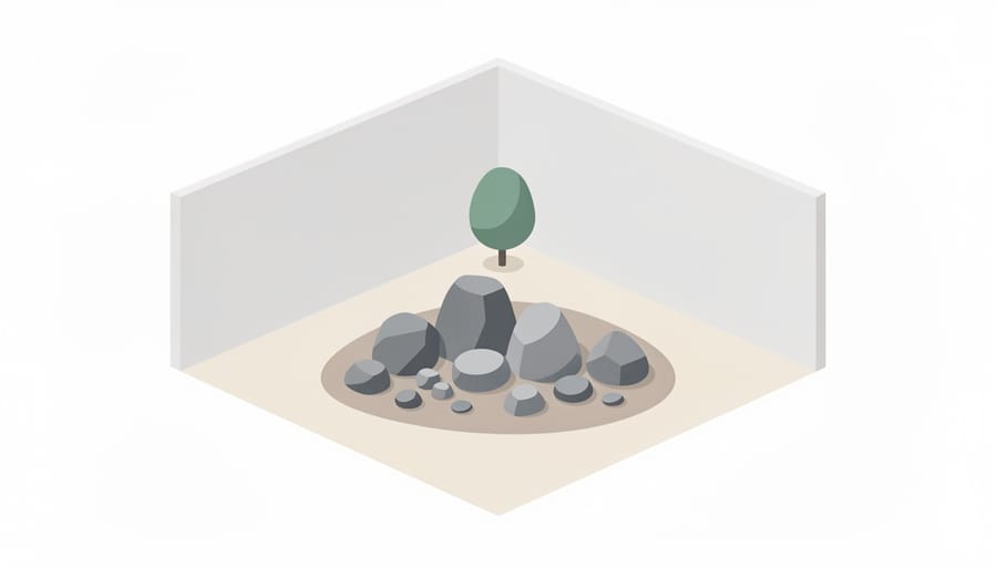 A small DIY rock garden with decorative stones and drought-tolerant plants at golden hour