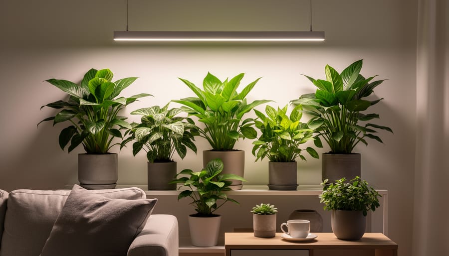 LED grow light illuminating potted leafy greens indoors