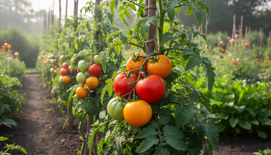 Heirloom tomatoes growing in a cottage garden with stakes and mixed plants
