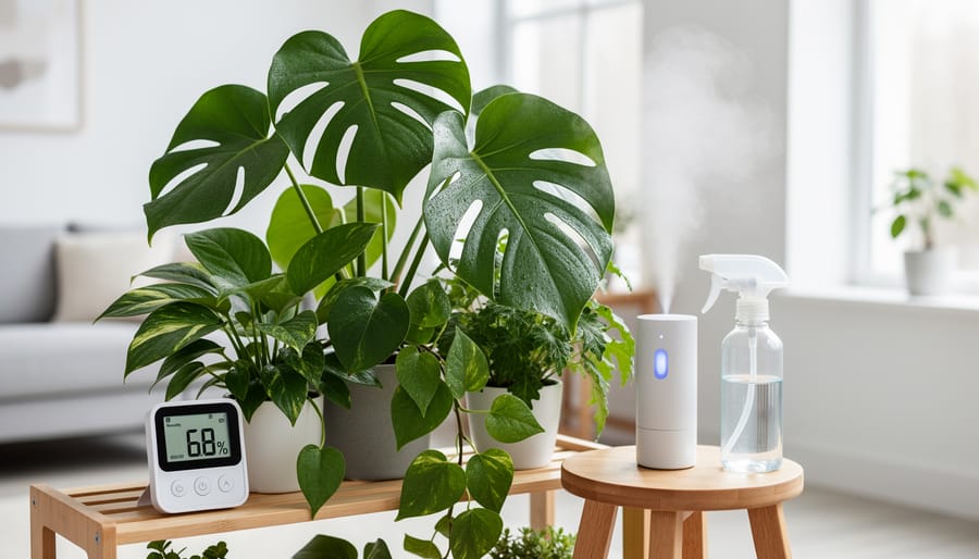 Ultrasonic mister and humidity monitor next to a flourishing fern with visible mist