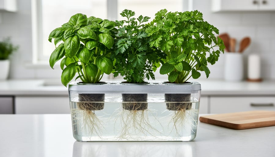 Hydroponic kit with green seedlings in net pots over a clear water reservoir on a countertop