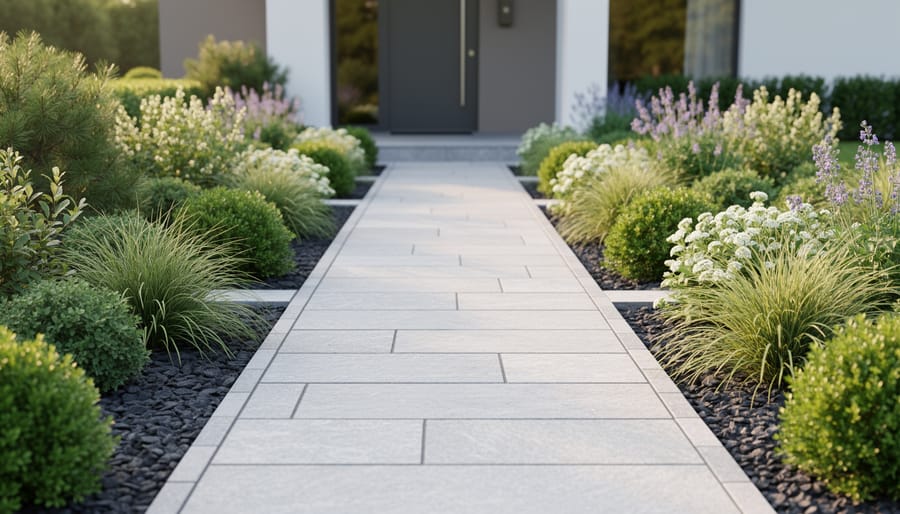 Stone pathway bordered by low plants in a modern backyard garden