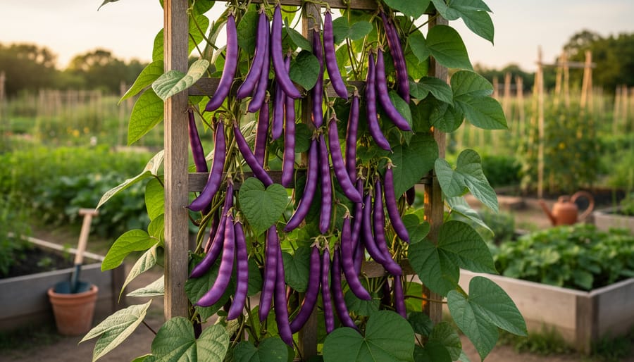 Purple pole beans climbing a wooden trellis in a cottage garden