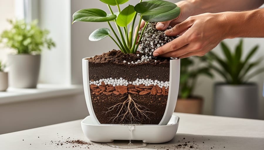 Close-up of quality potting mix and an emerging seedling