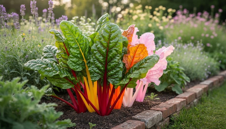 Rainbow chard with colorful multicolored stems in a cottage garden border