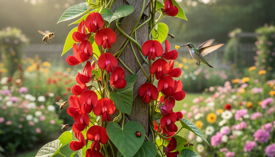 Scarlet runner beans flowering near a garden arbor in a cottage garden