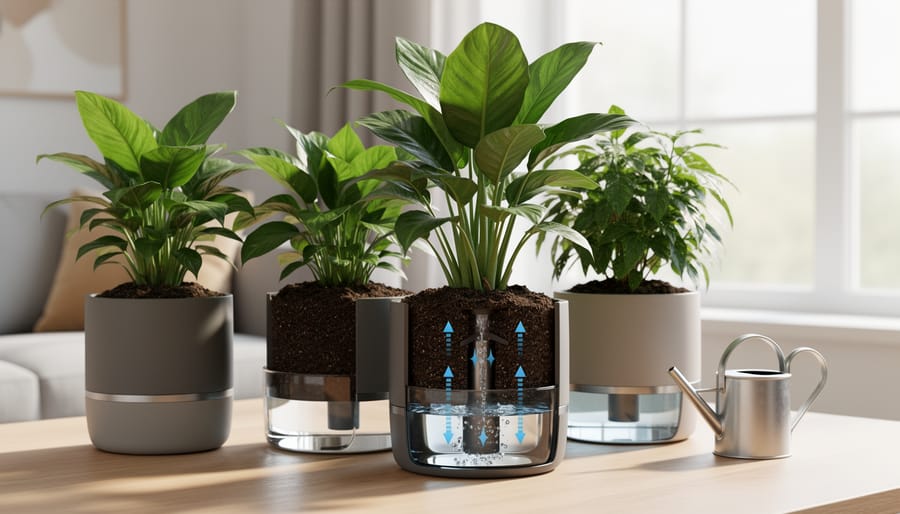 Self-watering planter with a healthy herb plant and visible reservoir structure