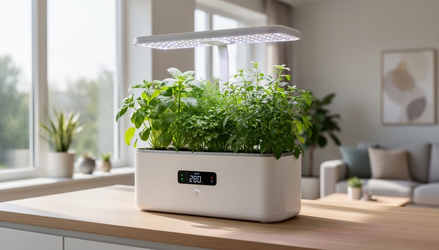 Person’s hand near a smart indoor garden unit with an app-controlled growing system and basil leaves