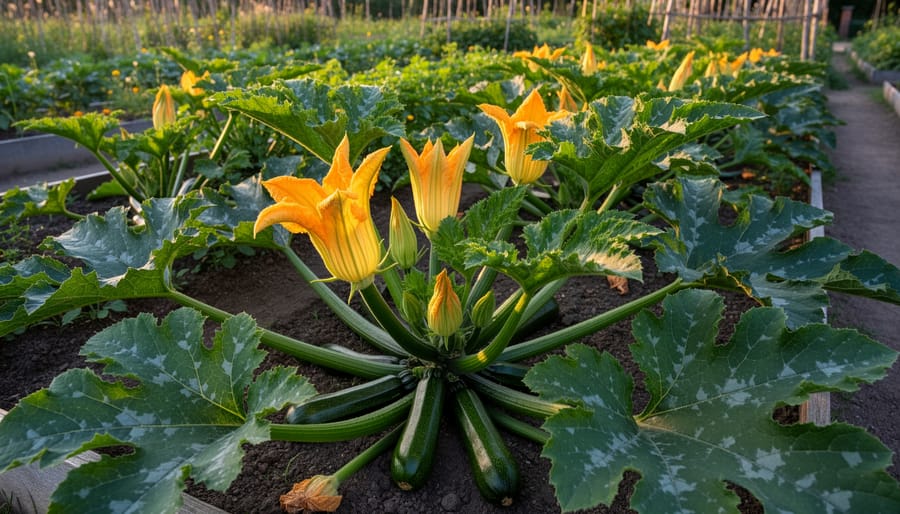 Zucchini plant with golden blossoms and broad green leaves in a cottage garden