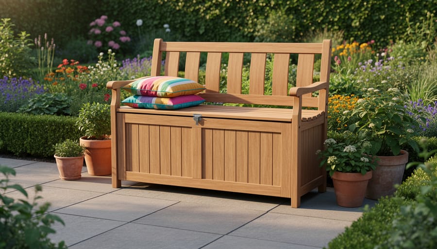 Outdoor storage bench made of cedar with the lid open, showing organized storage for cushions and garden tools.