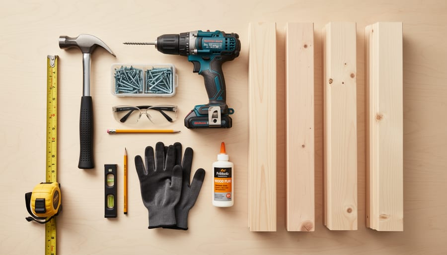 Lumber pieces and hardware arranged for building an outdoor firewood rack with a drill and measuring tools nearby