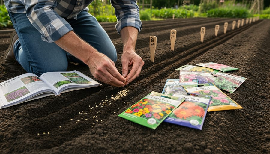 Gardener’s hands sprinkling seeds into a planter box with soil, in soft daylight