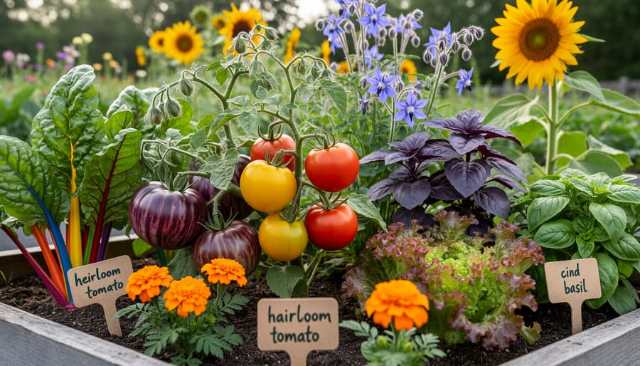 Heirloom vegetables growing in raised garden beds at golden hour with vibrant colors