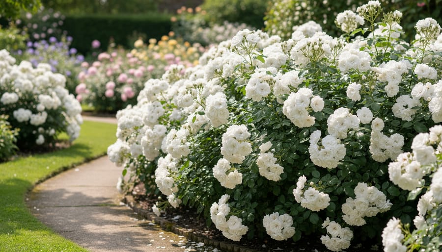 Iceberg white rose blooming in a cottage garden border with green foliage behind.