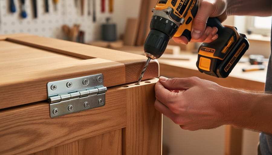 Person drilling and attaching outdoor bench hinges with a cordless drill.