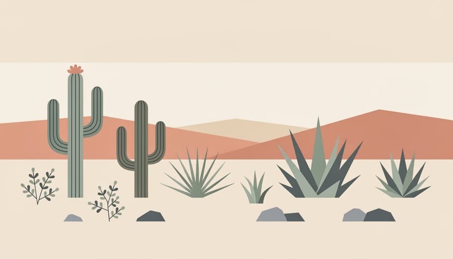 Native desert plants thriving in sandy soil under golden afternoon light