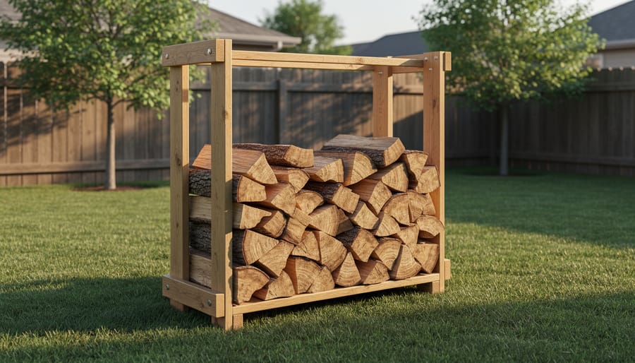 A neatly stacked outdoor DIY firewood rack holding dry split firewood on a gravel base