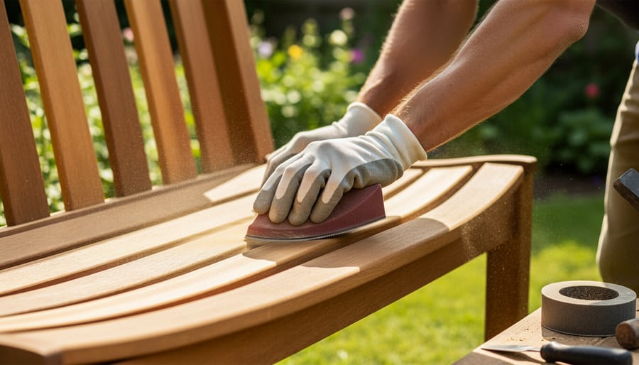 Gloved hands sanding cedar wood boards for an outdoor storage bench.