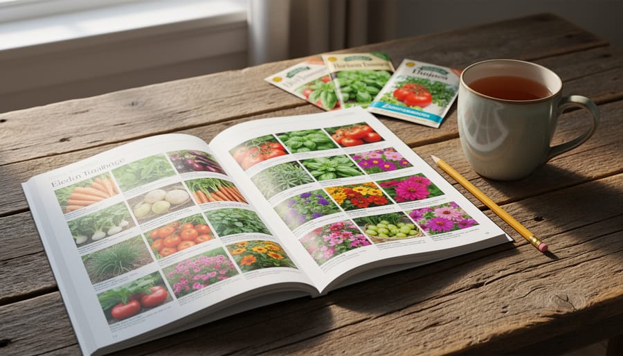 Open garden seed catalog on a wooden table with small brass tools and loose seeds nearby