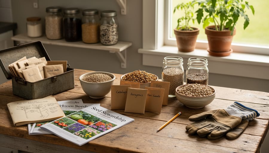 Glass jar and cloth pouch spilling dry seeds on a wooden workbench