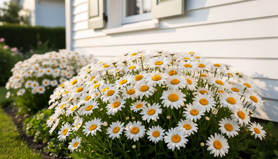 Close-up of Shasta daisies with white petals and yellow centers in a cottage garden.