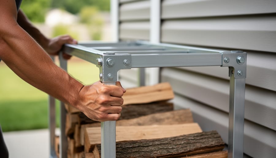 An adult checking the stability of a finished outdoor firewood rack with the diagonal braces and screws visible