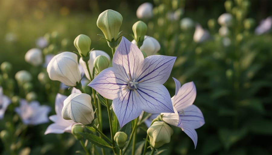 White balloon flower buds and blossoms on a cottage garden plant.