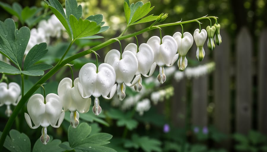White bleeding heart plant with heart-shaped flowers among green shade-garden foliage.