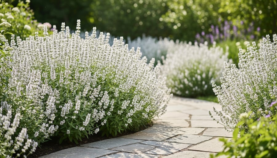 White catmint flowers in a lush, billowy mound along a cottage garden border.