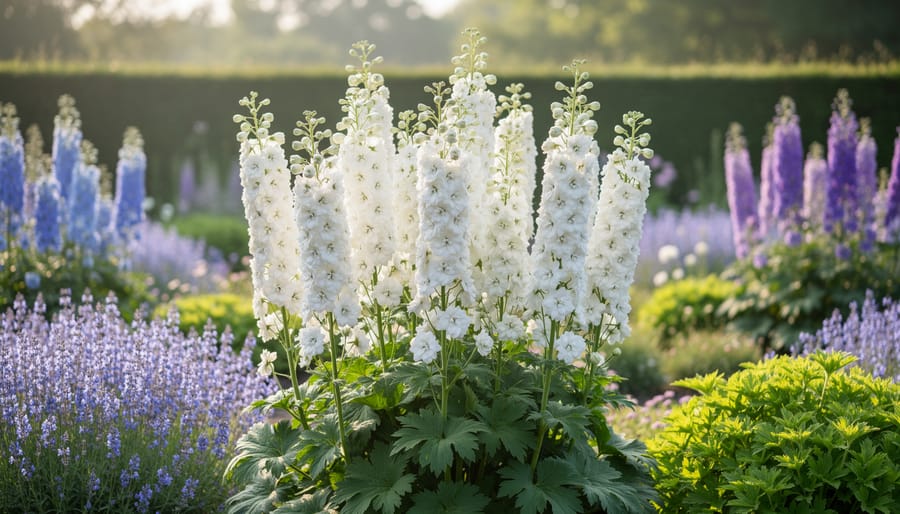 White delphinium flower spikes towering above a cottage garden border.