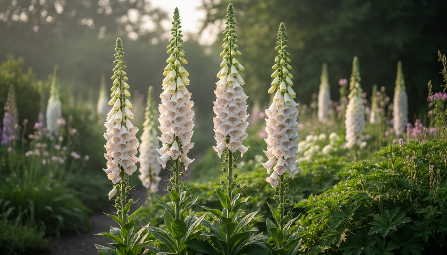 White foxglove spikes with bell-shaped blooms against green cottage garden foliage.