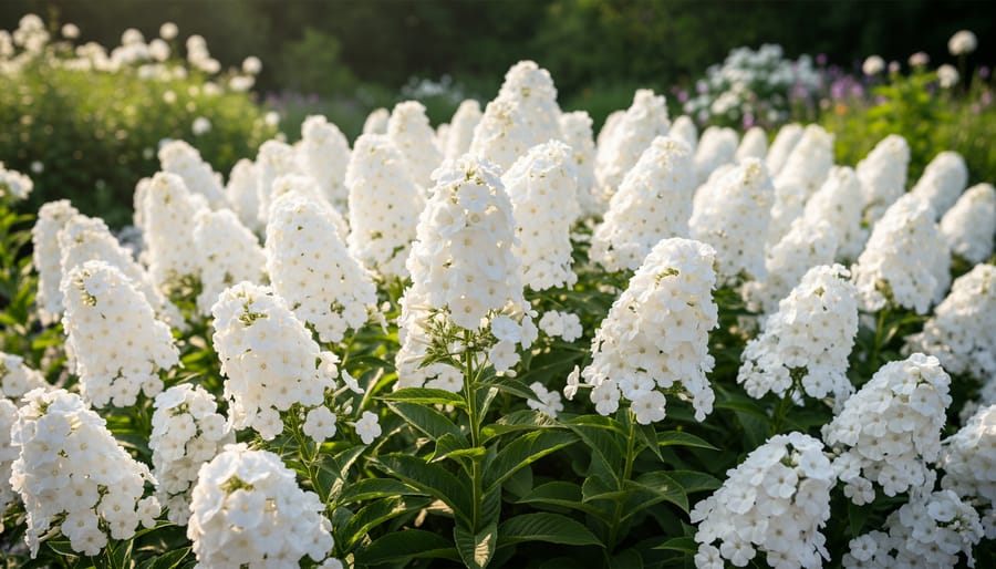 White phlox flowers in bloom with detailed petals and surrounding green foliage.
